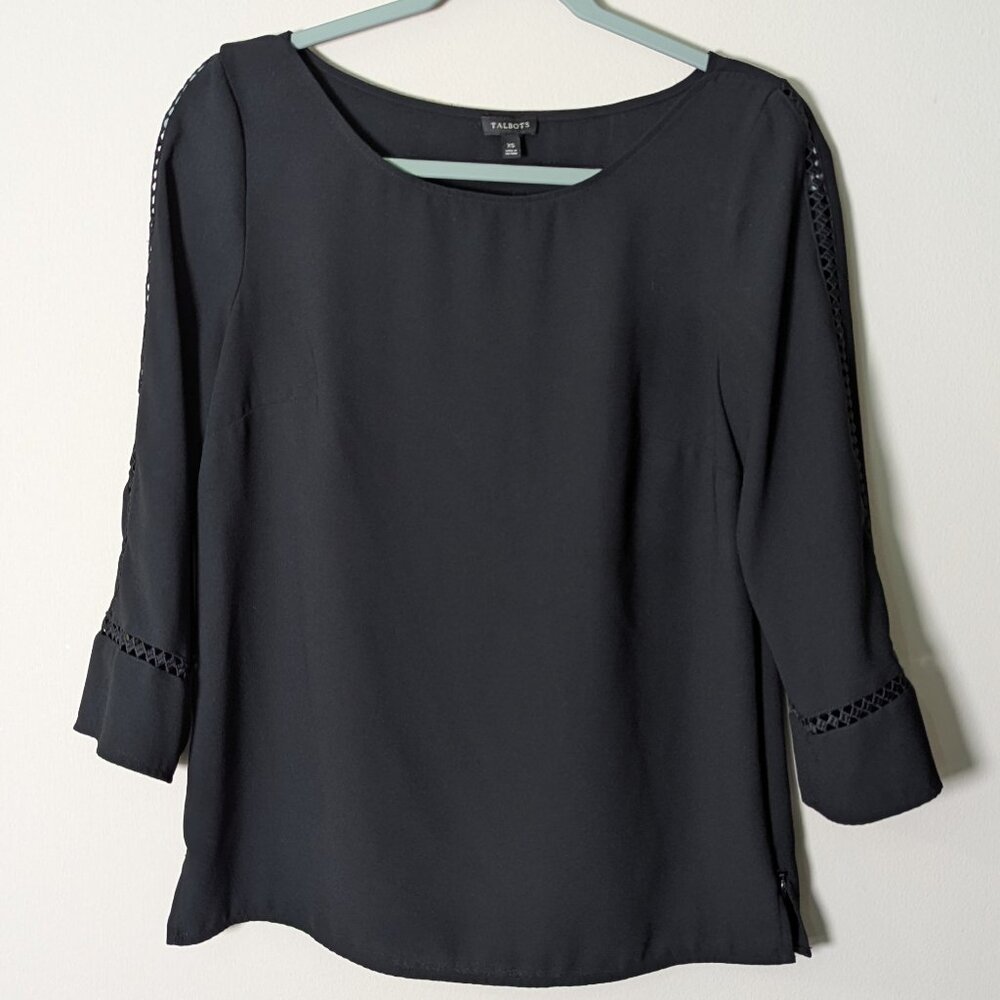 Talbots Women's Black Lattice Detailed 3/4 Sleeve Blouse. Size XS